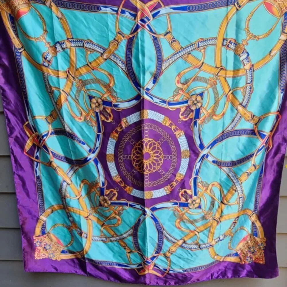 Vintage Satin Purple Blue Gold Horse Bit Scarf